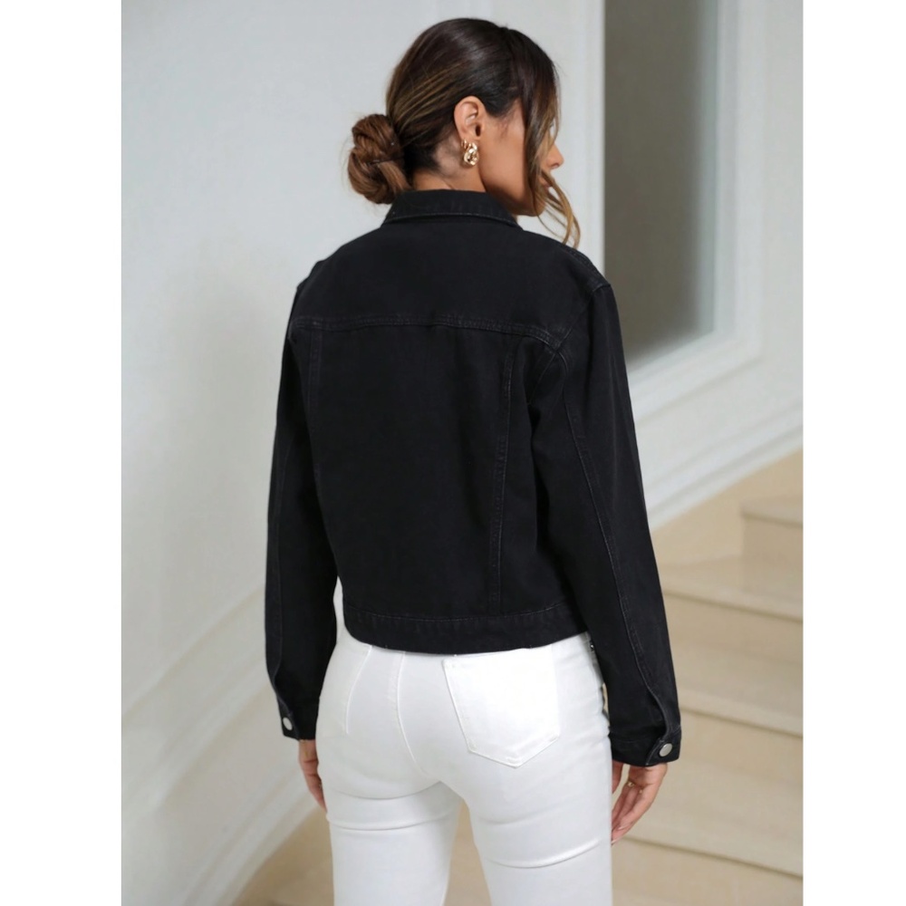 Black Denim Jean Jacket Classic Button Up / Down Front Pockets - Picture 5 of 10